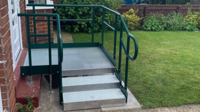 image shows a modular step unit in a garden